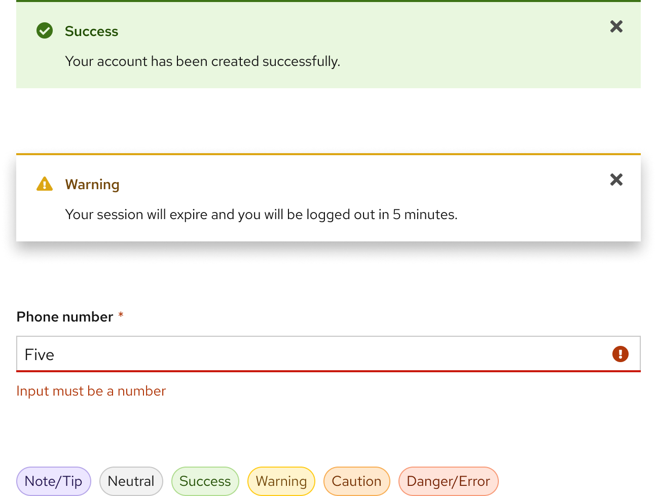 Alerts, a form field, and tags that use status colors