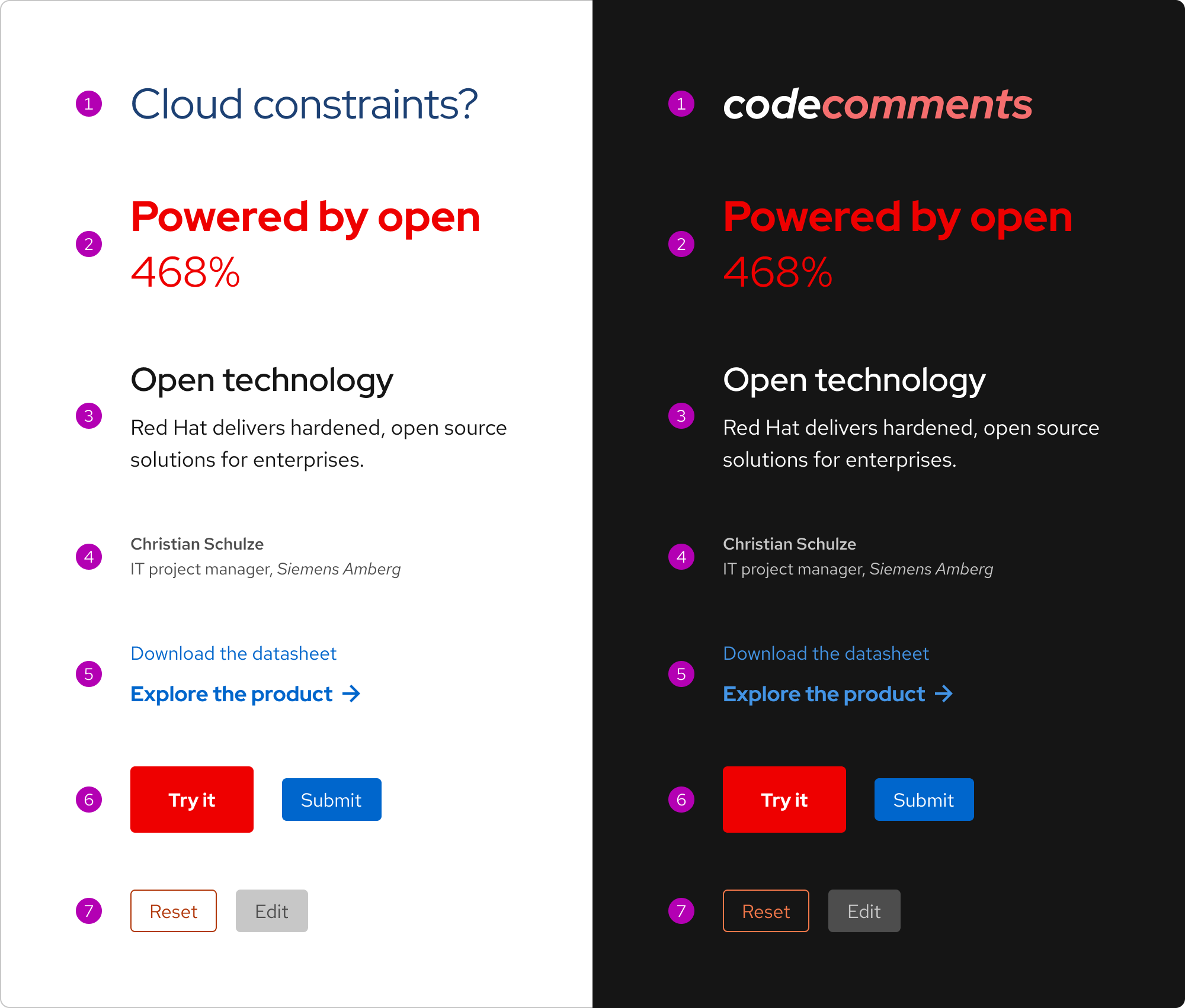 Dark and light theme examples of the seven types of semantic colors used by text