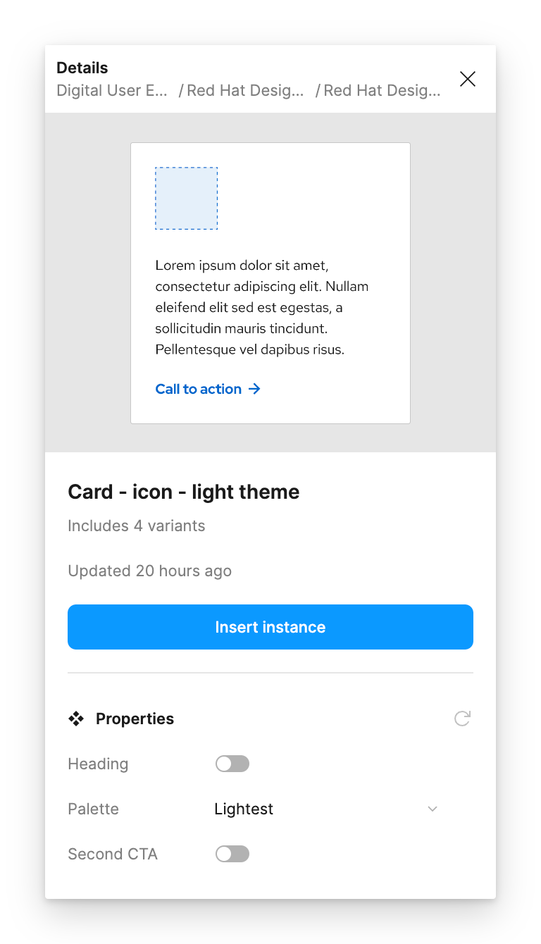 Figma's asset preview dialog box for a card component with an 'Insert instance' button