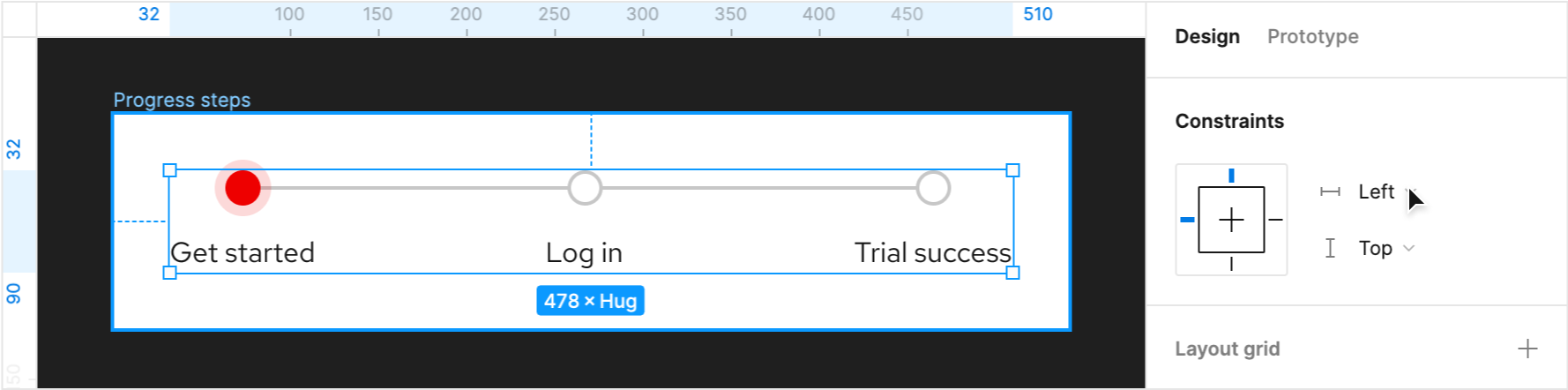 Screenshot of a selected progress steps element next to Figma's constraints settings
