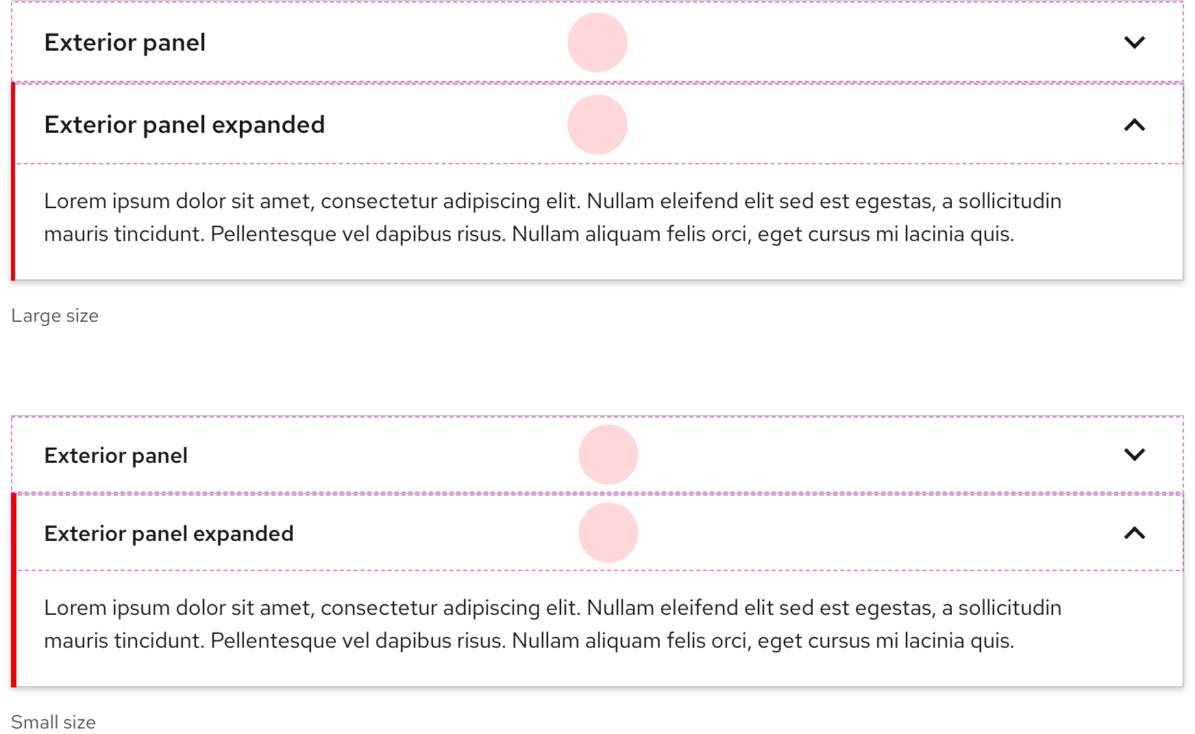 Accordion showing touch target size examples for large and small sizes