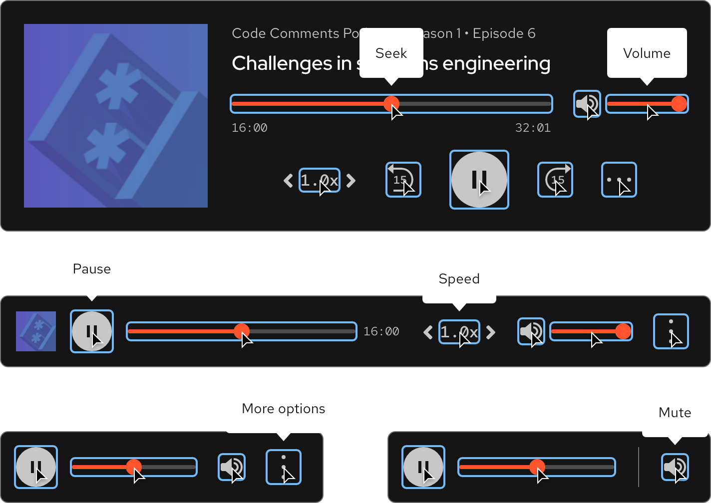 Image of dark theme audio player active states