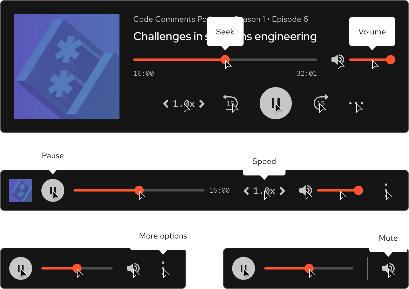 Image of dark theme audio player hover states