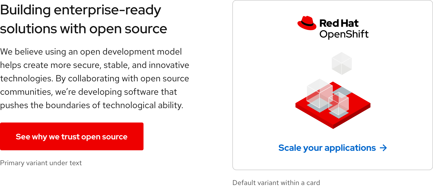 Image of calls 
    to action used in context including under a text block and within a card