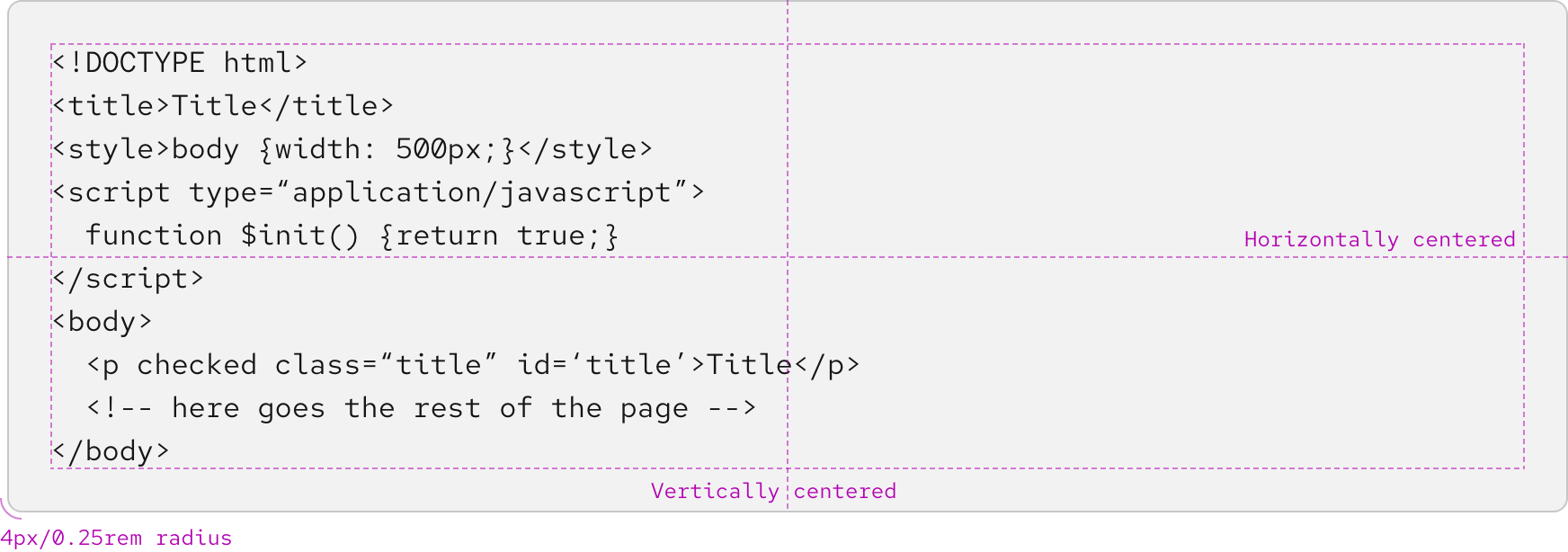 Image of a code block showing alignment and border radius specs