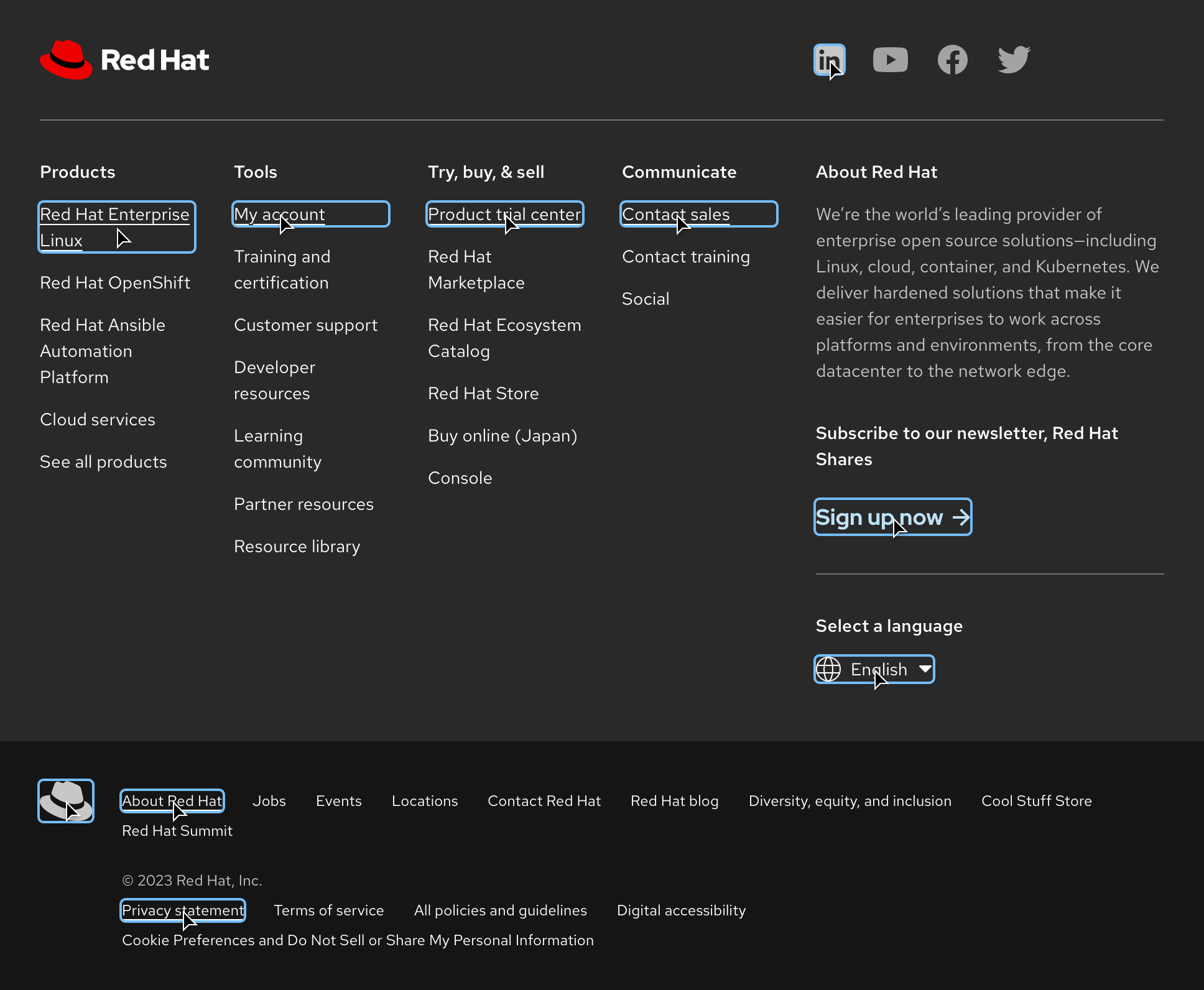 Active state examples within a footer