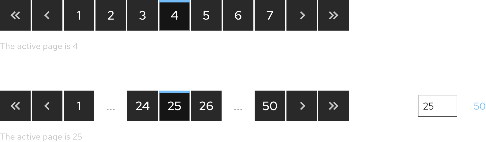 Image of two dark theme paginations; one is showing an active page of 4 and the other one is showing an active page of 25