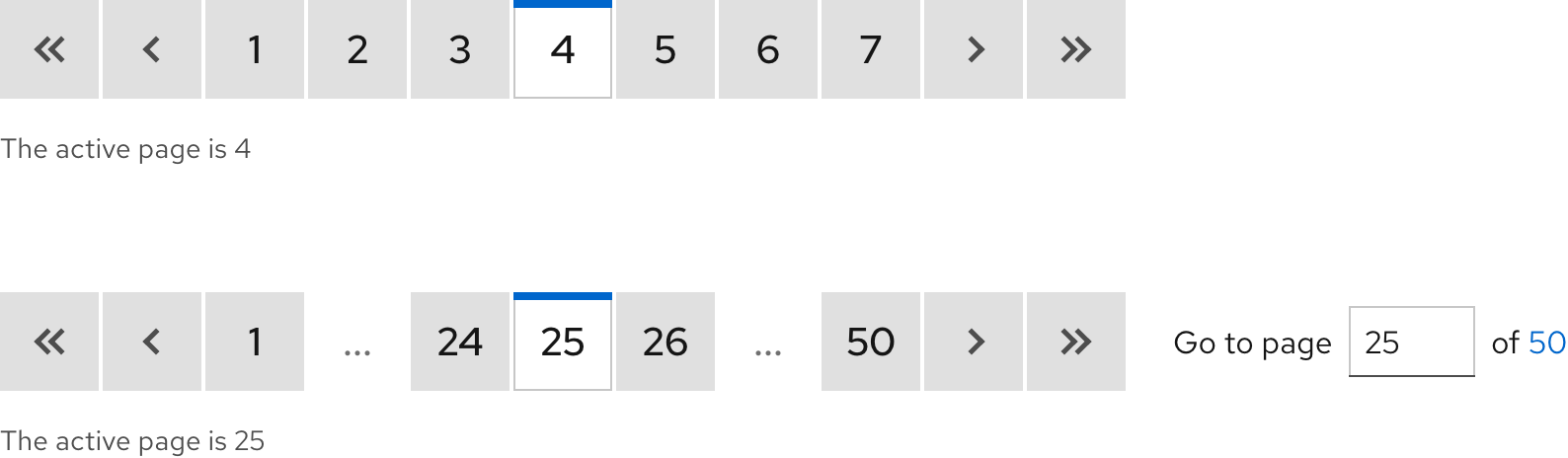 Image of two light theme paginations; one is showing an active page of 4 and the other one is showing an active page of 25