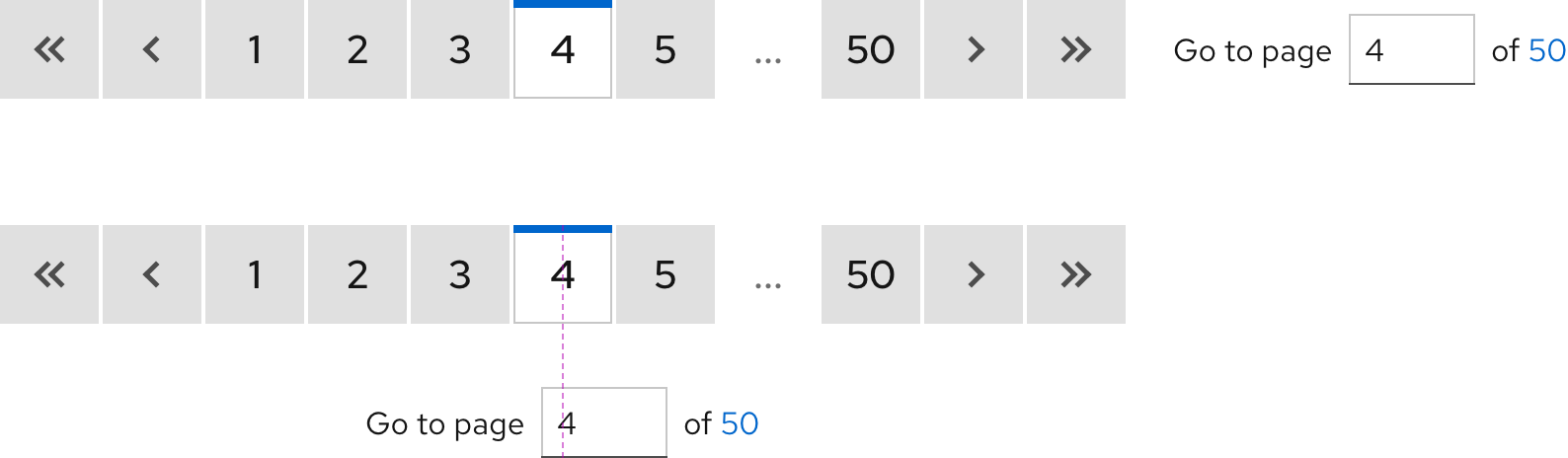 Image of two full size paginations; one has a page input field on the right and the other has one below