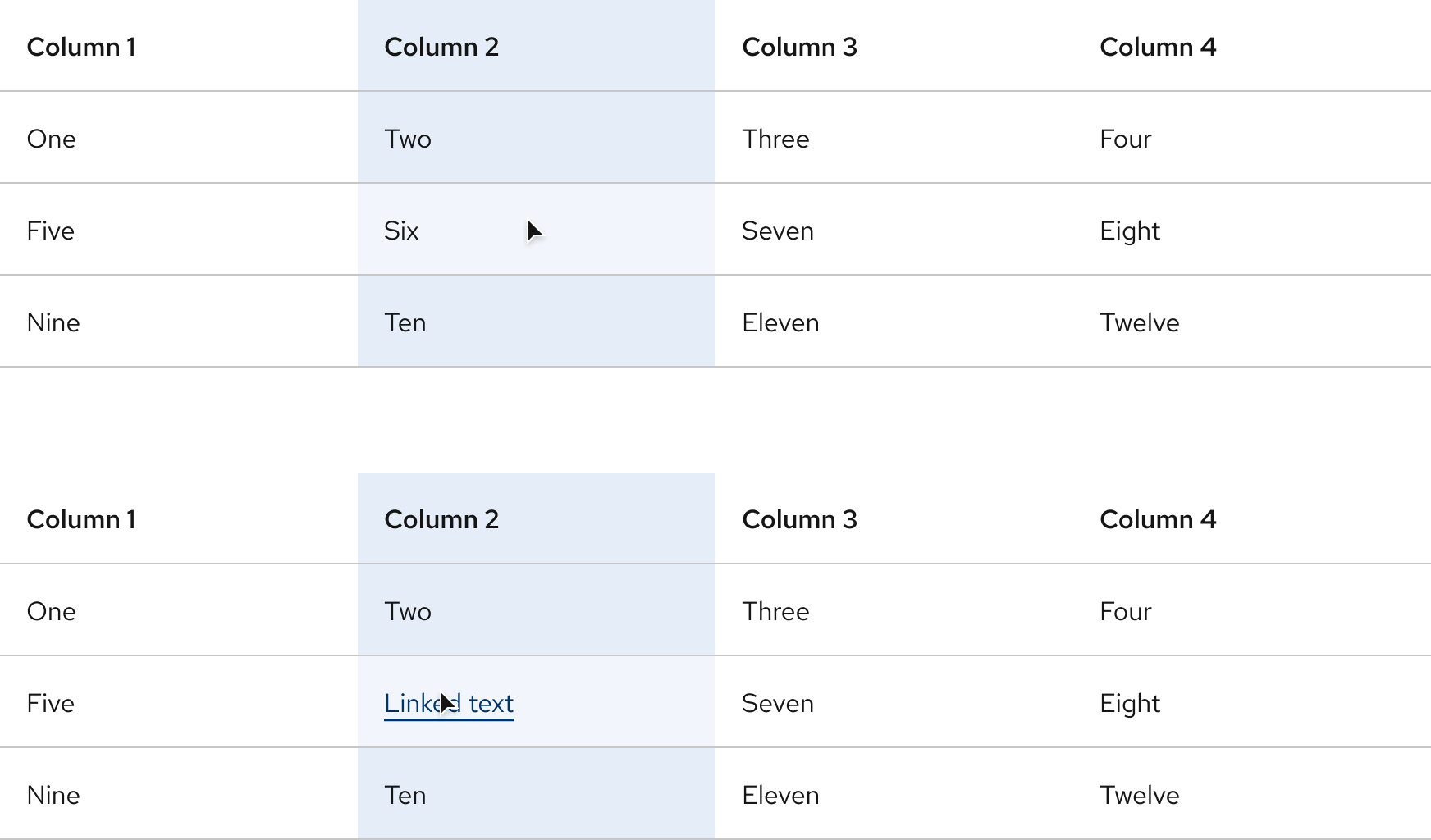 Light theme tables with hover effects on a light gray surface