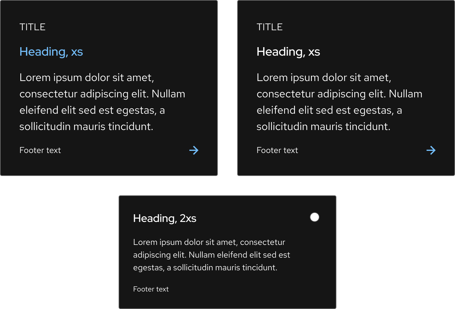 Dark theme tiles use a dark gray background, blue or white heading, white text, and a light blue arrow icon