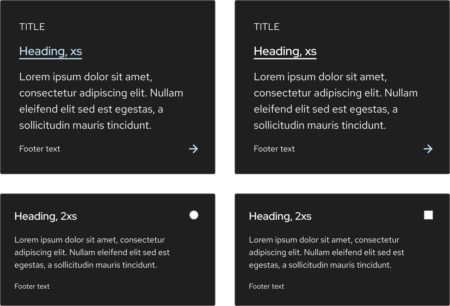 On hover, dark theme tiles have a lighter gray background, an underlined (and sometimes lighter blue) heading, a lighter blue arrow icon